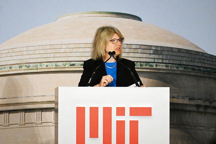MIT President Sally Kornbluth behind a podium
